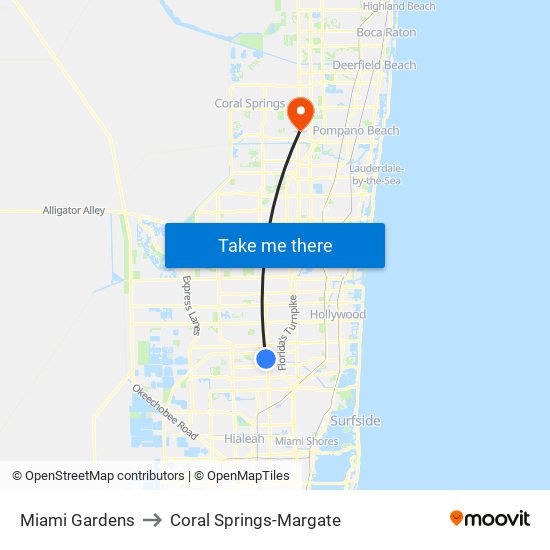 Miami Gardens to Coral Springs-Margate map