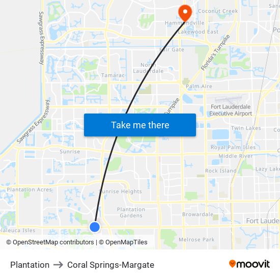 Plantation to Coral Springs-Margate map