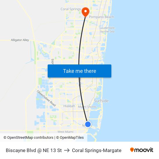 Biscayne Blvd @ NE 13 St to Coral Springs-Margate map