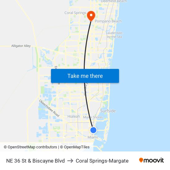 NE 36 St & Biscayne Blvd to Coral Springs-Margate map