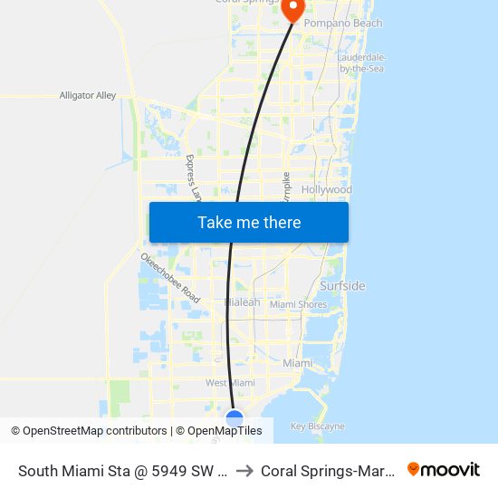 South Miami Sta @ 5949 SW 72 St to Coral Springs-Margate map