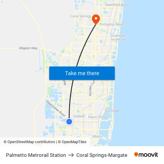 Palmetto Metrorail Station to Coral Springs-Margate map