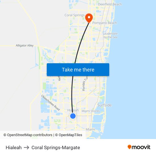 Hialeah to Coral Springs-Margate map