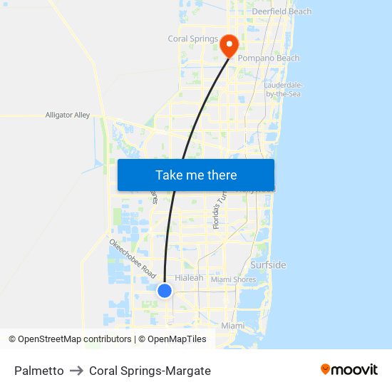 Palmetto to Coral Springs-Margate map