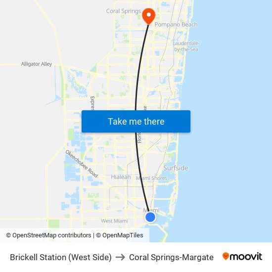 Brickell Station (West Side) to Coral Springs-Margate map