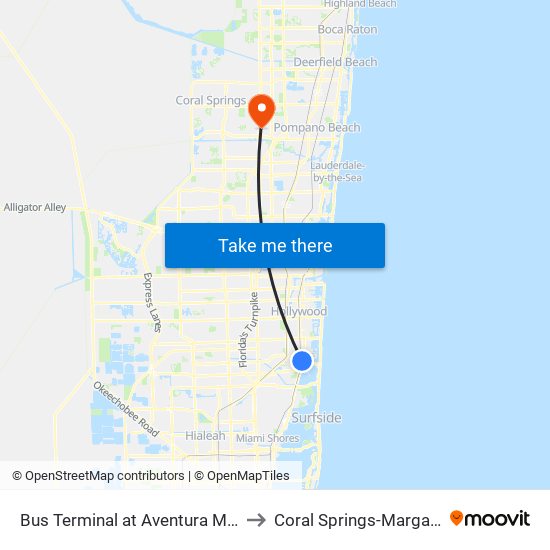 Bus Terminal at Aventura Mall to Coral Springs-Margate map