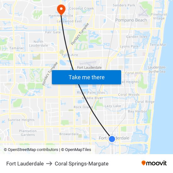 Fort Lauderdale to Coral Springs-Margate map