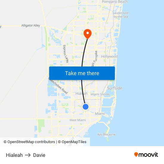 Hialeah to Davie map