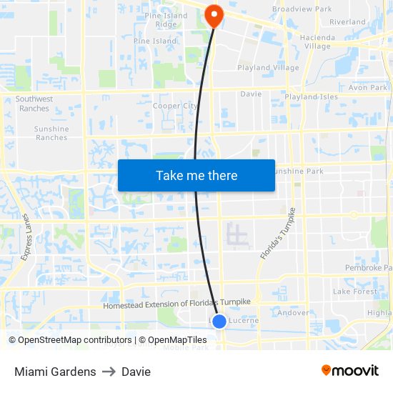 Miami Gardens to Davie map