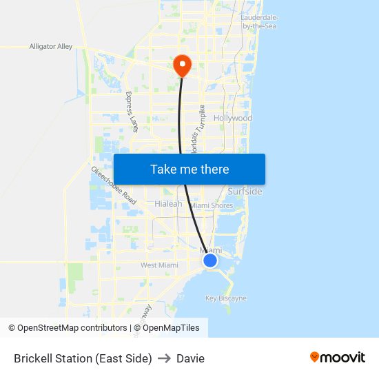 Brickell Station (East Side) to Davie map