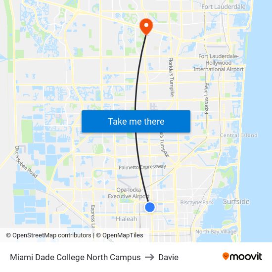 Miami Dade College North Campus to Davie map