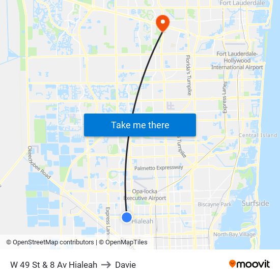 W 49 St & 8 Av Hialeah to Davie map