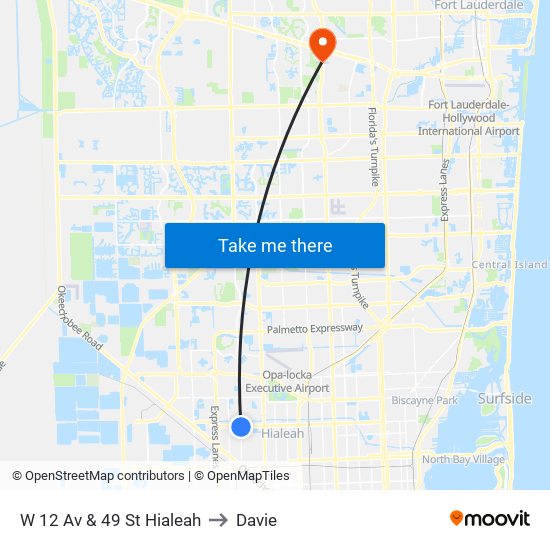 W 12 Av & 49 St Hialeah to Davie map
