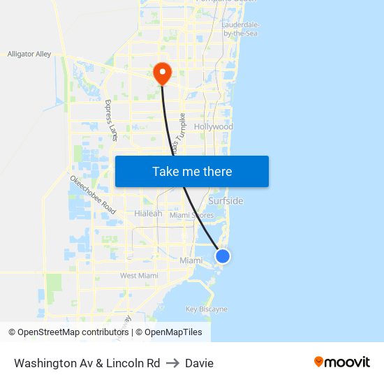 Washington Av & Lincoln Rd to Davie map
