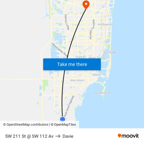 SW 211 St @ SW 112 Av to Davie map