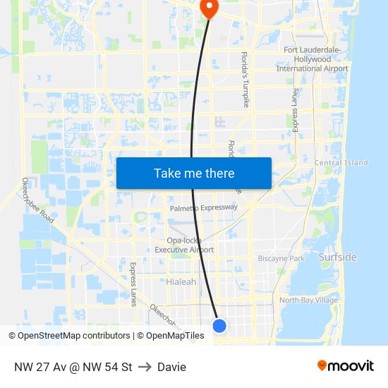 NW 27 Av @ NW 54 St to Davie map
