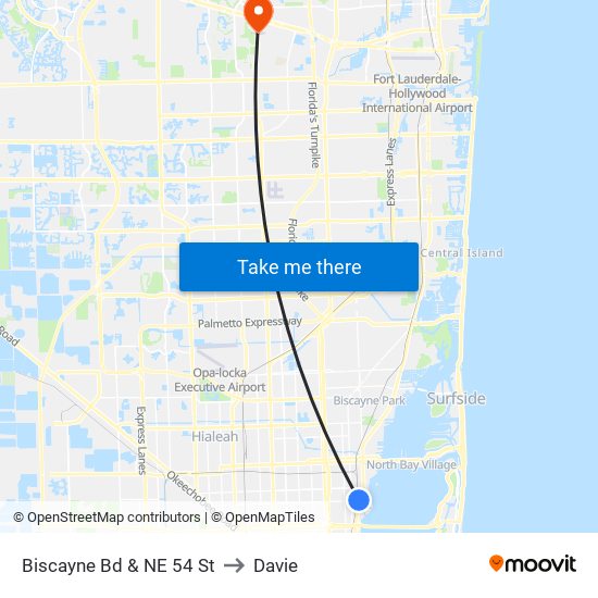 Biscayne Bd & NE 54 St to Davie map