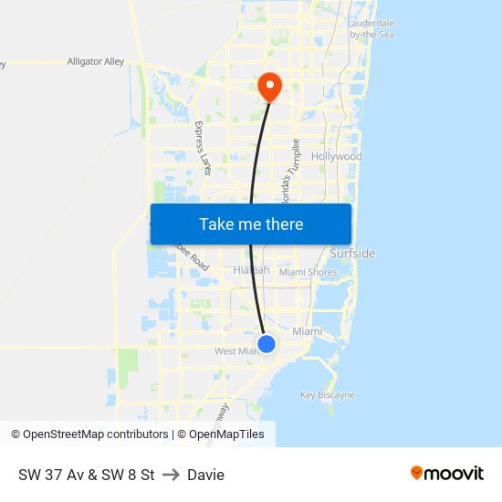 SW 37 Av & SW 8 St to Davie map