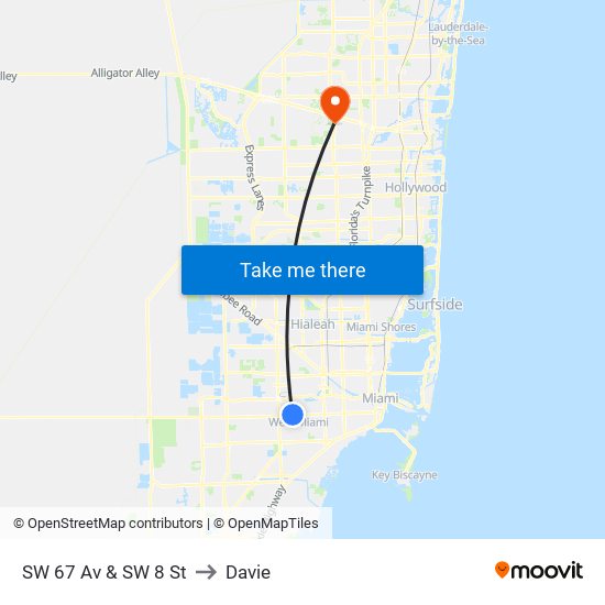 SW 67 Av & SW 8 St to Davie map