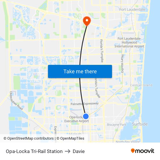 Opa-Locka Tri-Rail Station to Davie map