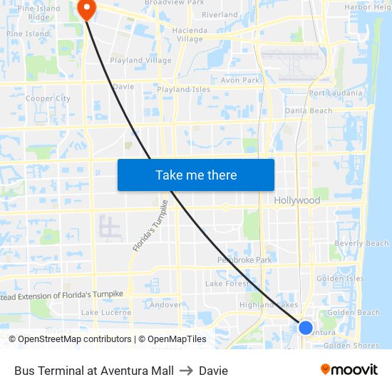 Bus Terminal at Aventura Mall to Davie map