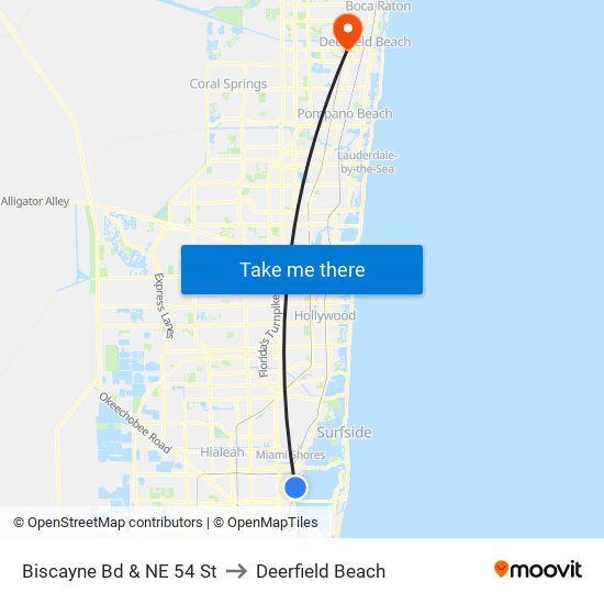 Biscayne Bd & NE 54 St to Deerfield Beach map