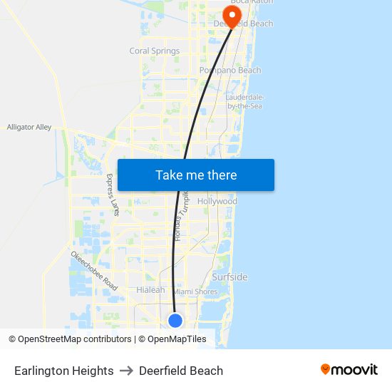 Earlington Heights to Deerfield Beach map