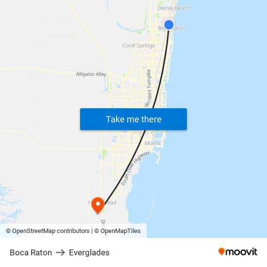 Boca Raton to Everglades map