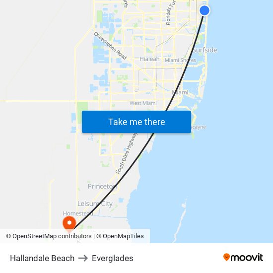 Hallandale Beach to Everglades map