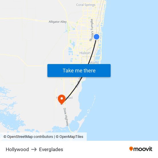 Hollywood to Everglades map