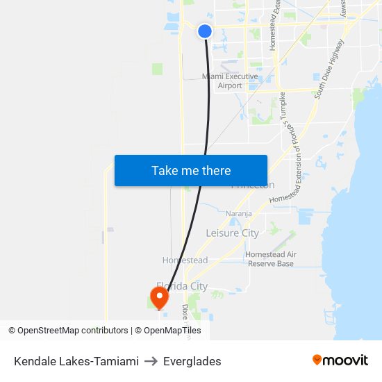 Kendale Lakes-Tamiami to Everglades map