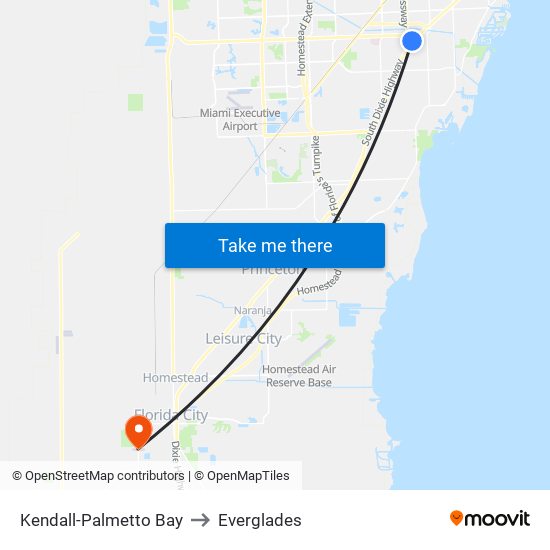 Kendall-Palmetto Bay to Everglades map