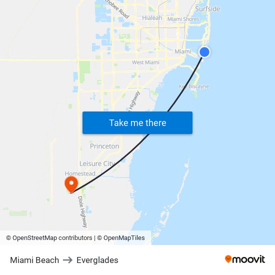 Miami Beach to Everglades map