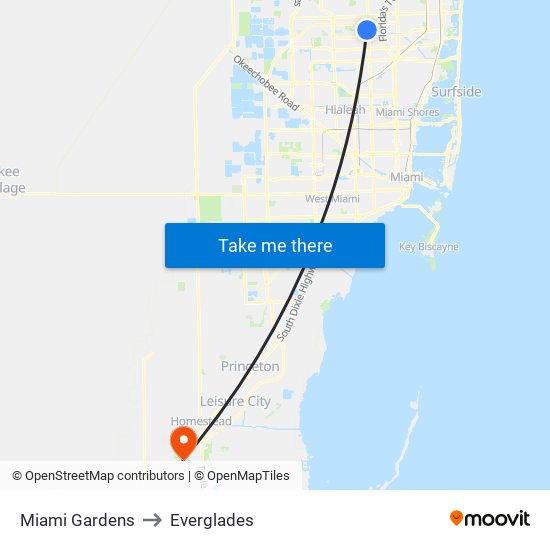 Miami Gardens to Everglades map