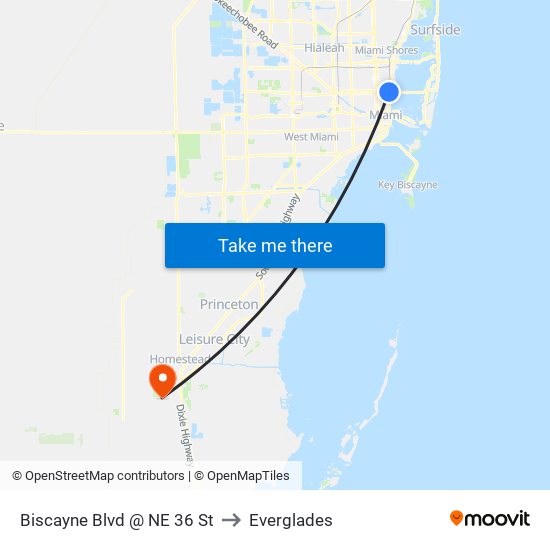 Biscayne Blvd @ NE 36 St to Everglades map