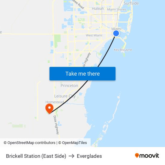 Brickell Station (East Side) to Everglades map