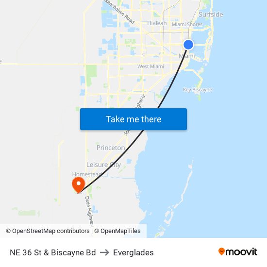 NE 36 St & Biscayne Bd to Everglades map