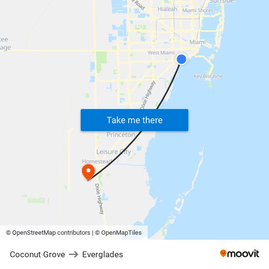 Coconut Grove to Everglades map