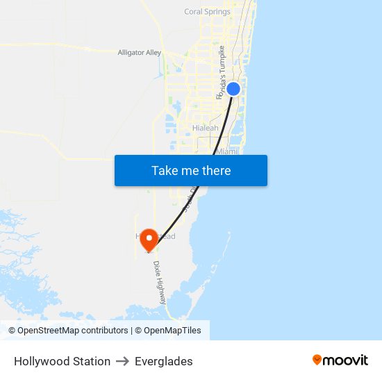 Hollywood Station to Everglades map