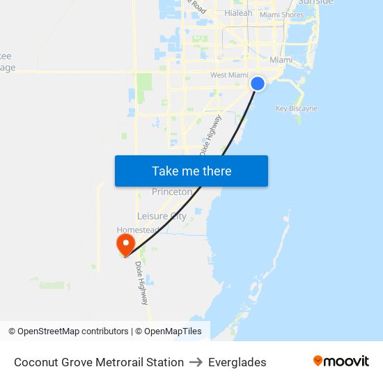 Coconut Grove Metrorail Station to Everglades map