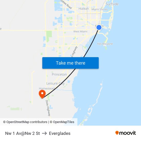 Nw 1 Av@Nw 2 St to Everglades map