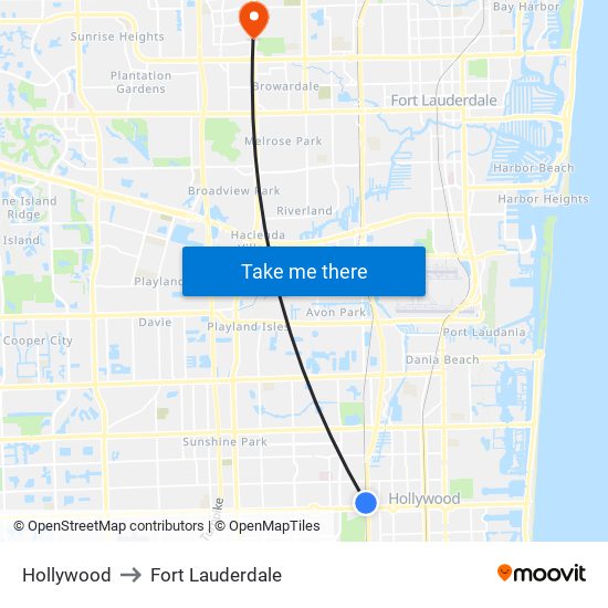 Hollywood to Fort Lauderdale map