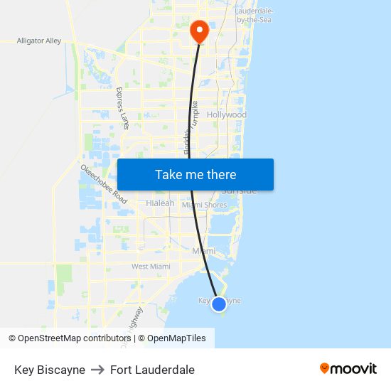 Key Biscayne to Fort Lauderdale map