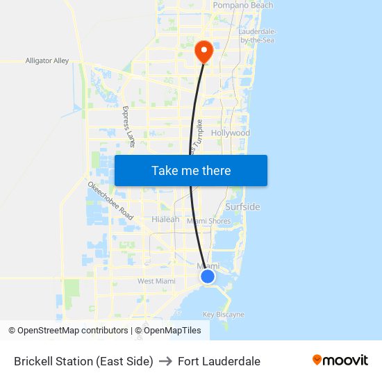 Brickell Station (East Side) to Fort Lauderdale map