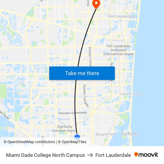 Miami Dade College North Campus to Fort Lauderdale map