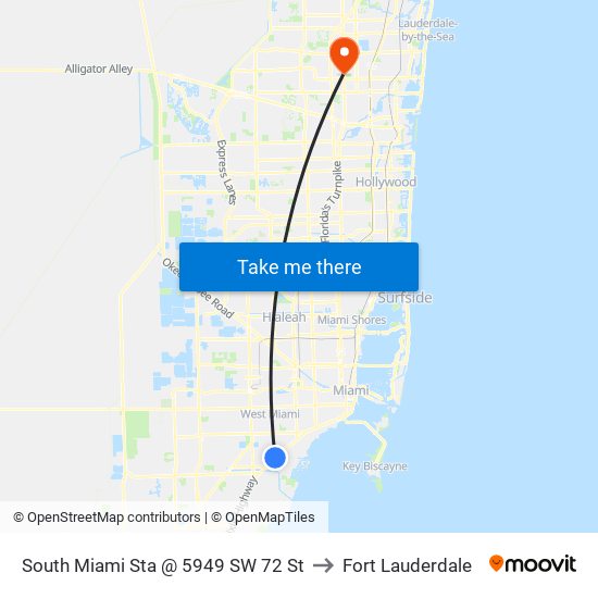 South Miami Sta @ 5949 SW 72 St to Fort Lauderdale map