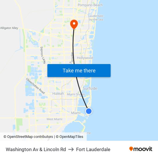 Washington Av & Lincoln Rd to Fort Lauderdale map