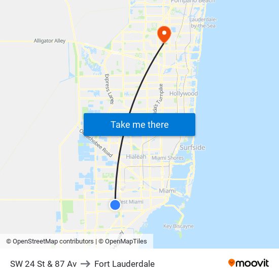 SW 24 St & 87 Av to Fort Lauderdale map