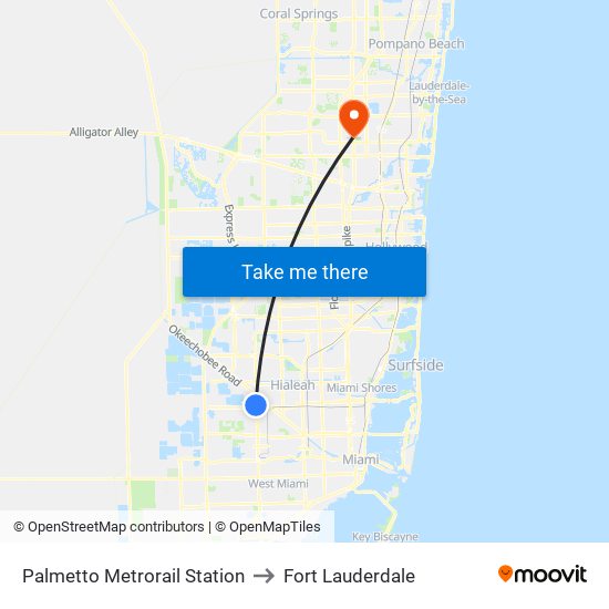 Palmetto Metrorail Station to Fort Lauderdale map