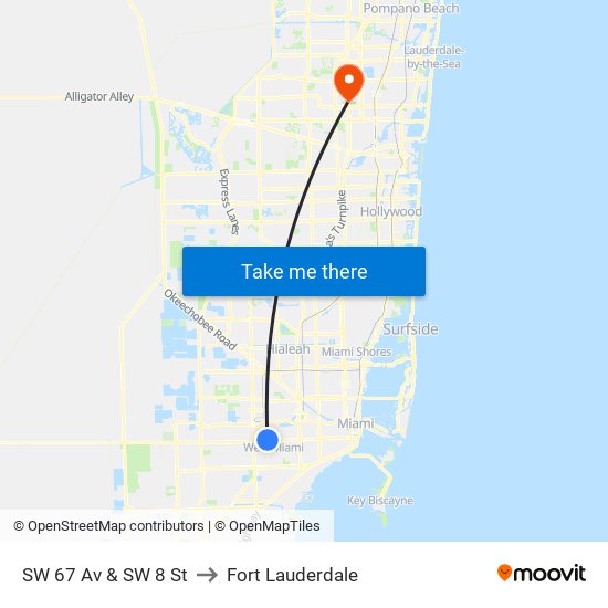 SW 67 Av & SW 8 St to Fort Lauderdale map